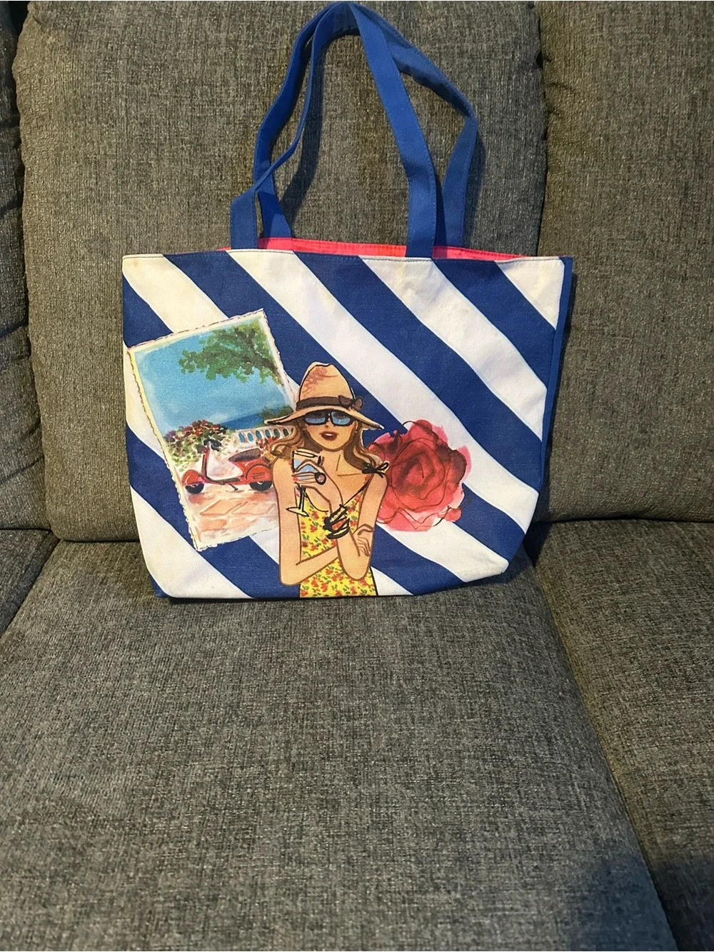 Lancome Blue & White Striped Tote with Beach Illustration
